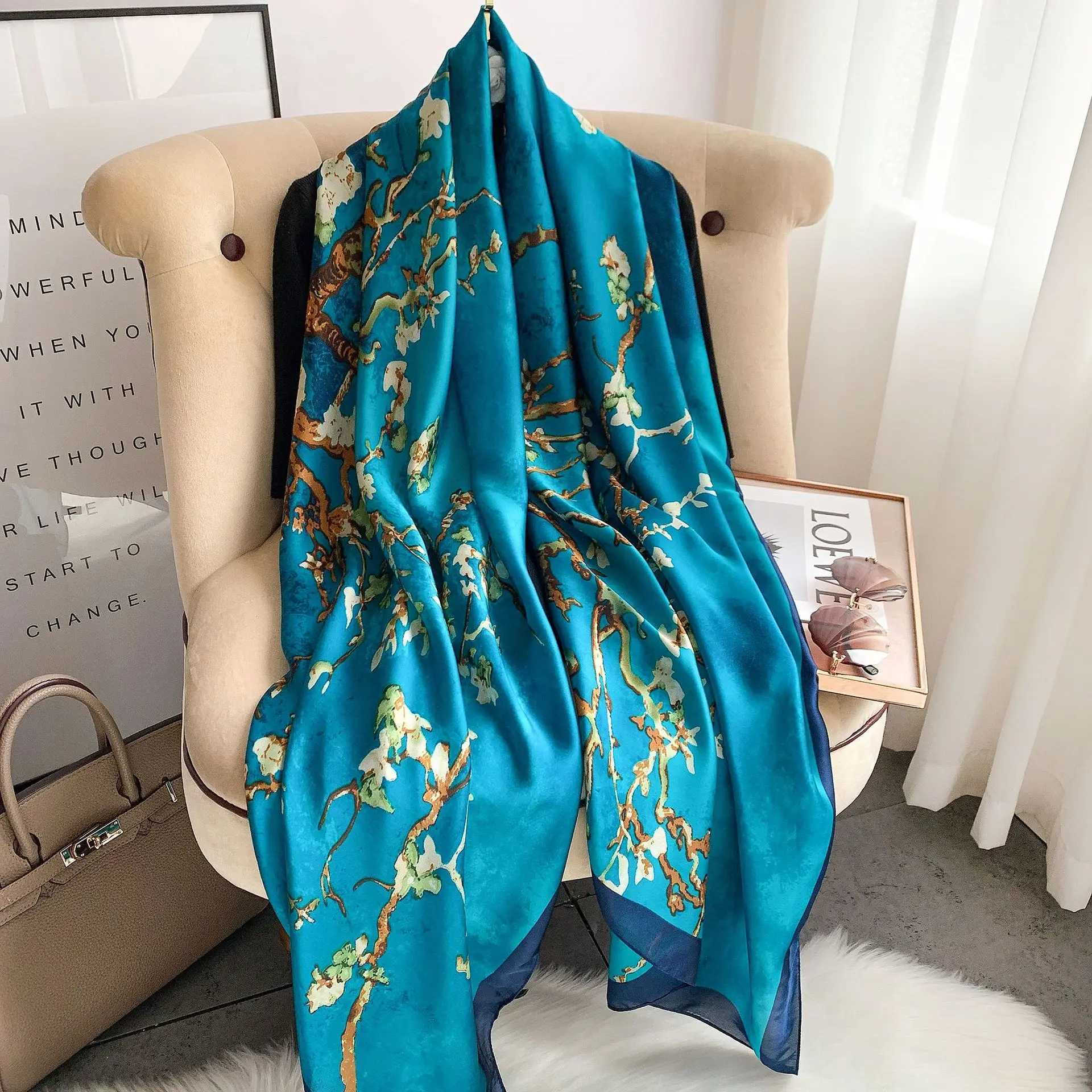 Sarongs Luxury Brand Silk Scarf Womens Long Shawl inslaget med muslimsk huvudduk SCARF Pashmina Womens Beach Stone Bandana Fountain Pareo 90 * 180cm 24325