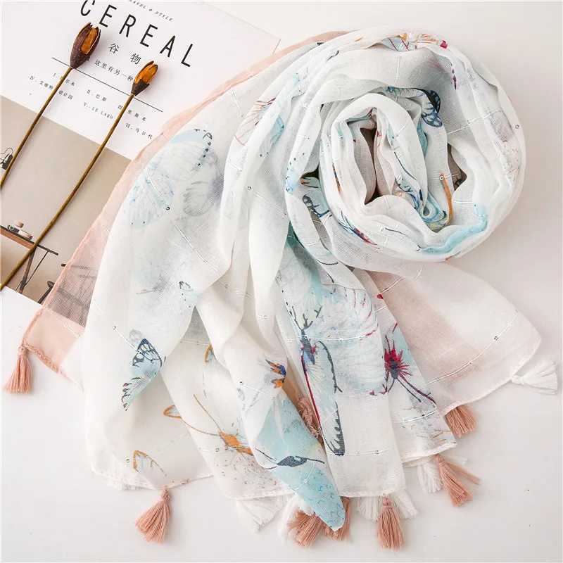 Sarongs 2019 Cotton Butterfly Print Sequin Tassel Scarf Shawl Bag Womens Soft Animal Scarf Headband Beach Headband Free Delivery 240325