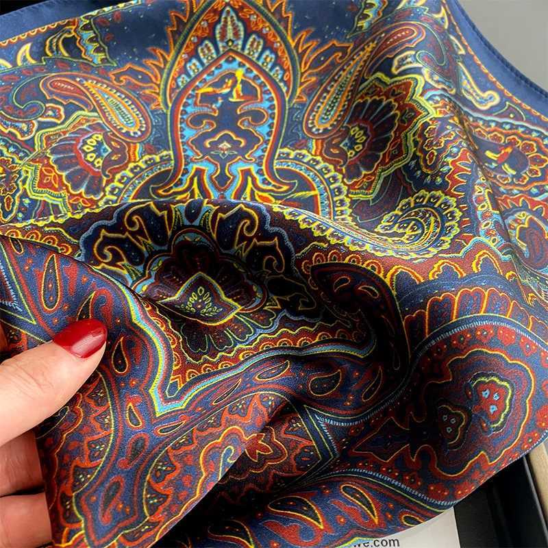 Sarongs Pure Silk Fashion Printed Square Neck Scarf Womens Summer Paisley Fountain Shawl Bag Bufanda Head Kerchief Bandana 2023 240325