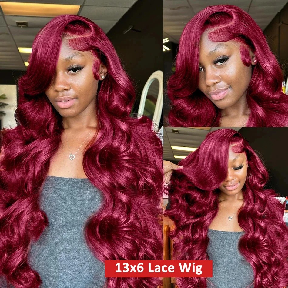 250 Density 99J Burgundy 13x6 Lace Frontal Wigs Remy Body Wave 30 40 Inch HD Transparent Human Hair Wigs for Women