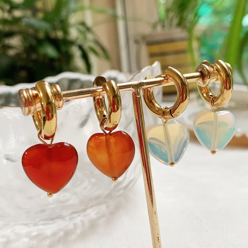 Exaggerated Natural Stone Heart Earrings Women 14k Golden Stainless Steel Thick Ear Loop Red Agates Pink Quartz Opal Crystal Earring size 15-16mm