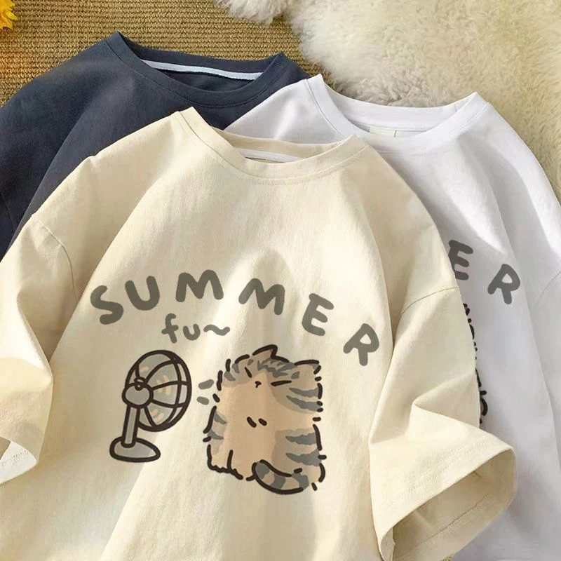 Kawaii Cat Tshirt Women Short Sleeve Summer Tops Korean Fashion Cartoon Tee Female T Shirts O Neck Solid Cute Clothes for Girls