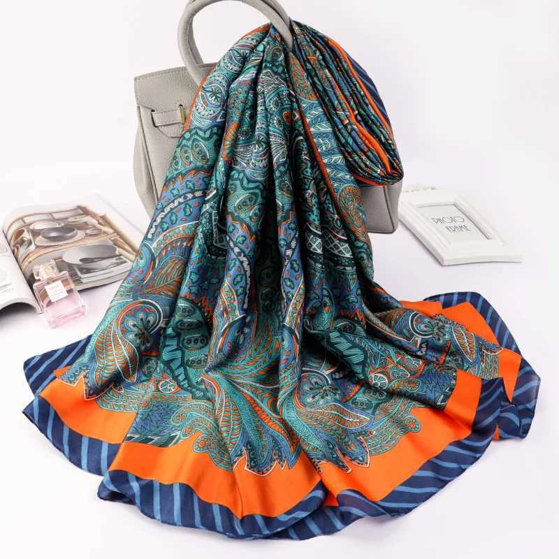 Sarongs Etnisk stil Solskyddsmedel Sjal Fashionabla dammsäker handtag Summer 180x90cm Silk Scarf Womens Feather Printed Travel Beach Handduk 24325