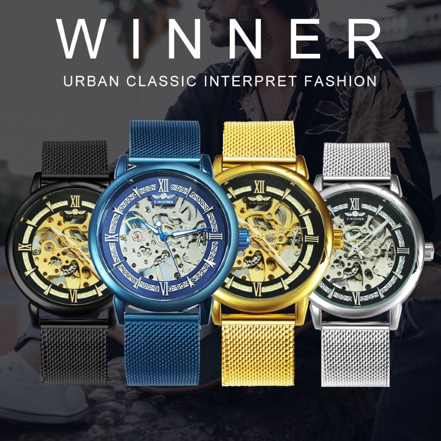 Winnaar Officiële mode Casual Men Mechanisch Bekijk Blue Mesh Strap Ultra dunne skeletherenhorloges Top Brand Luxury Clock 2019 C325B