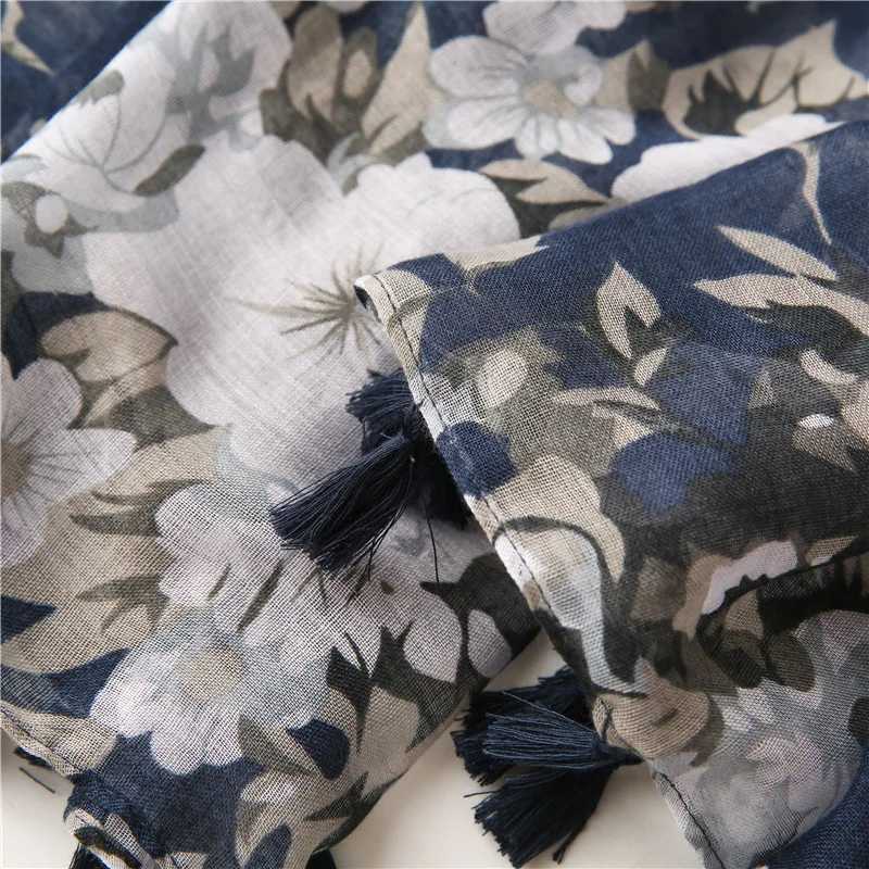 Sarongs Womens Autumn Navy Blue Abstract Flower Adhesive Shawl High Quality Printed Packaging Pashmina Snow Bufandas Muslim Headband 180 * 90cm 240325