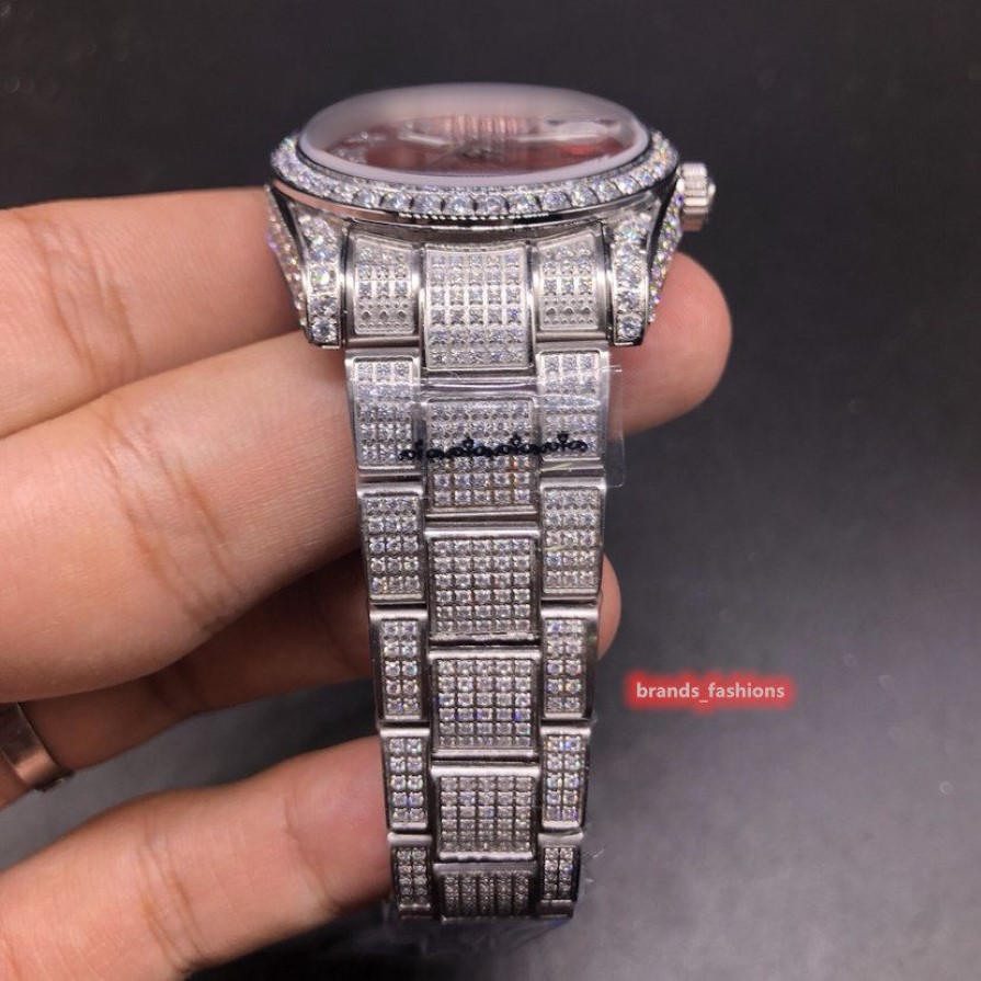 BOUTIKE Herrarna av hög kvalitet Iced Diamonds Watch Red Face Watch Silver rostfritt stål diamantfodral automatisk mekanisk klocka291m