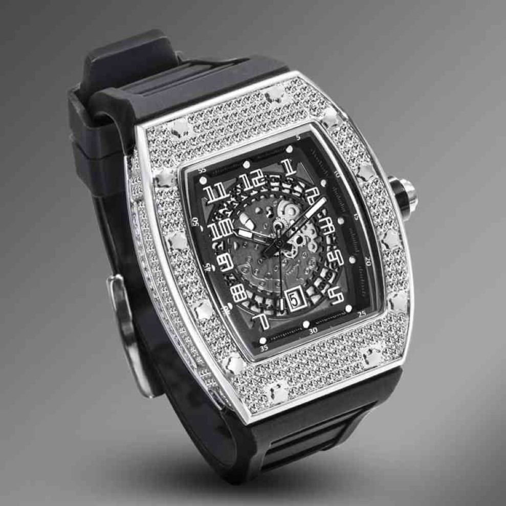 Missfox 2021 새로운 도착 Tonneau Men Watches Iced Out Full Diamond 고무 스트랩 시계 중공 다이얼 디자인 럭셔리 스포츠 남성 시계 203x