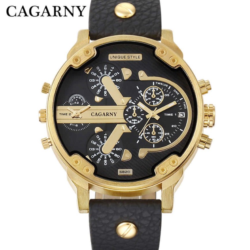 Luxo Cagarny Quartz assistir homens Black Leather Strap Golden Case Dual Times Militares Dz Relogio Masculino Casual Mens Homem X301Q