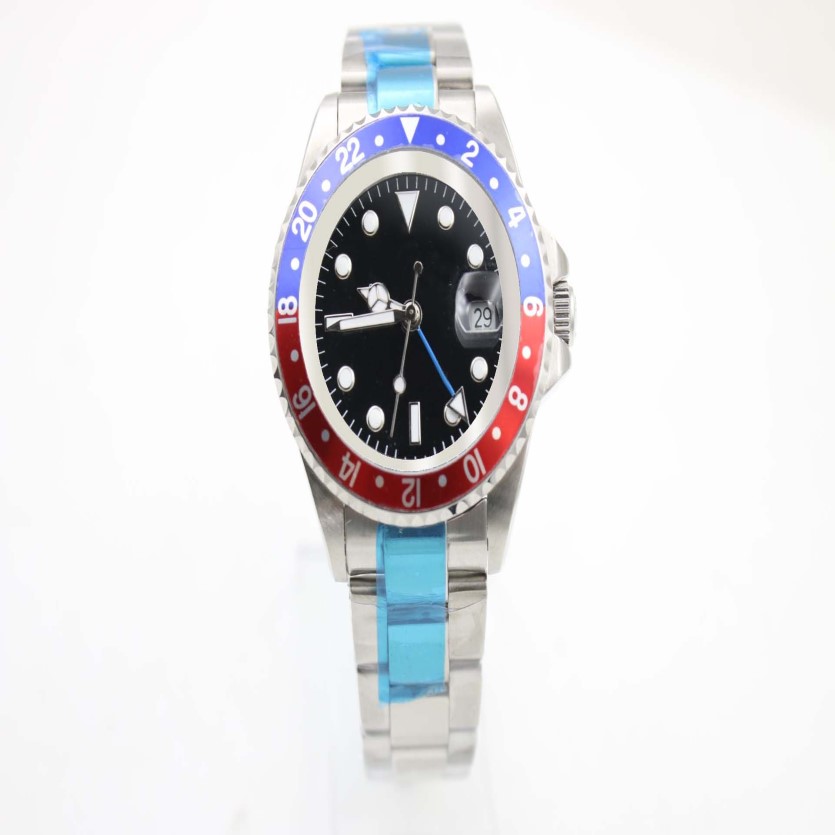 Men's mechanical watch 116710 business casual modern silver white stainless steel case blue red rim black dial 4-pin calendar275x