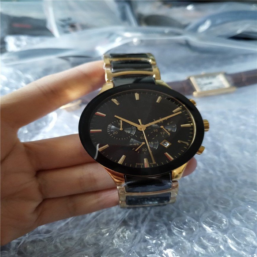 2015 New Fashion Gold and Ceramic Watch Quartz Stopwatch Man Chronograph Watchs Men Wristwatch 020301C