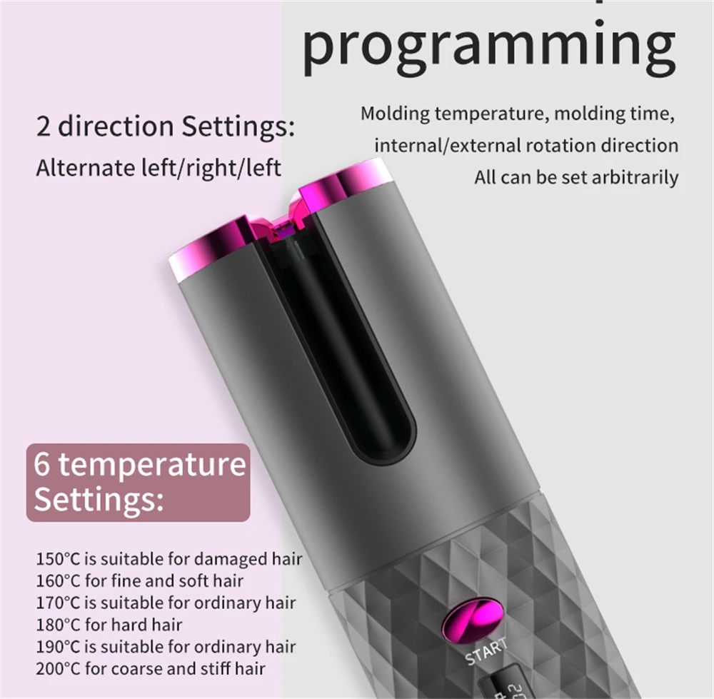 Ferro arricciacapelli rotante automatico senza fili 2in1 Ferro arricciacapelli ricaricabile USB Display a LED Strumenti lo styling regolabili con temperatura