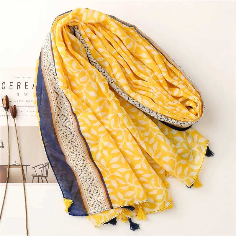 Sarongs Yitao Scarf Japanese style fresh cotton linen felt Scarf silk Scarf Voile yellow grape leaf womens travel shawl 240325