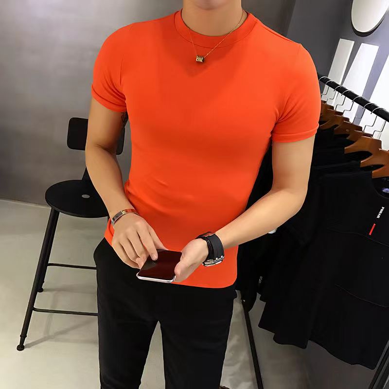 Summer short sleeved T-shirt, men's solid color slim fit base shirt, pure cotton half sleeved men's T-shirt, tight fitting white trendy baby