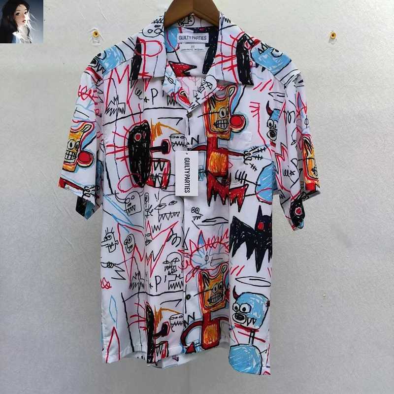 Men's T-Shirts Black and white Wacko Maria Ghost graffiti print shirt Hawaii Beach mens high-quality loose short sleeved shirt J240325