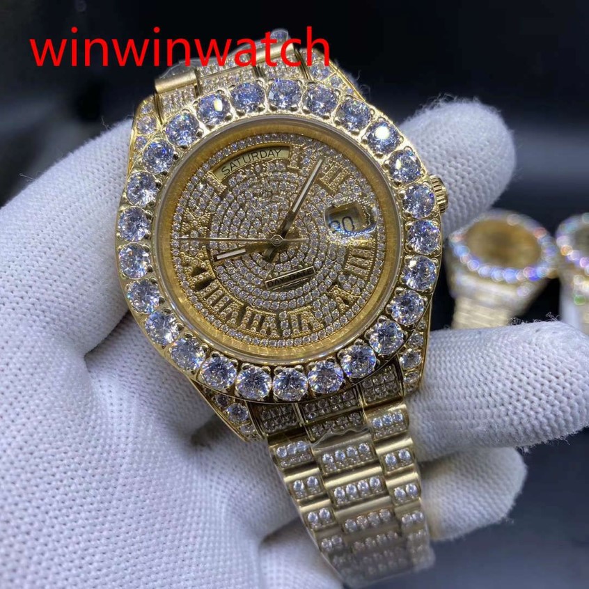 Ny lyx 43mm Gold Big Diamond Mechanical Man Watch Gold Diamond Face Automatic Rostly Steel Men's Prong Set Watches308J