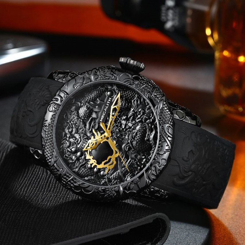 Megalith Fashion Gold Dragon Sculpture Watch Mężczyźni kwarcowe zegarek Waterproof Big Dial Sport zegarki Mężczyźni Watch Top Luksusowy zegar marki L272W