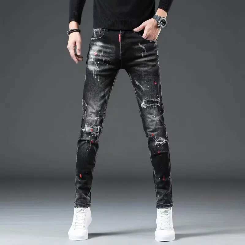 Jeans masculinos high street 2022 moda casual rasgo jeans masculino remendo juventude jeans pintura respingo tinta preto lápis calças jeans apertados mensl2403