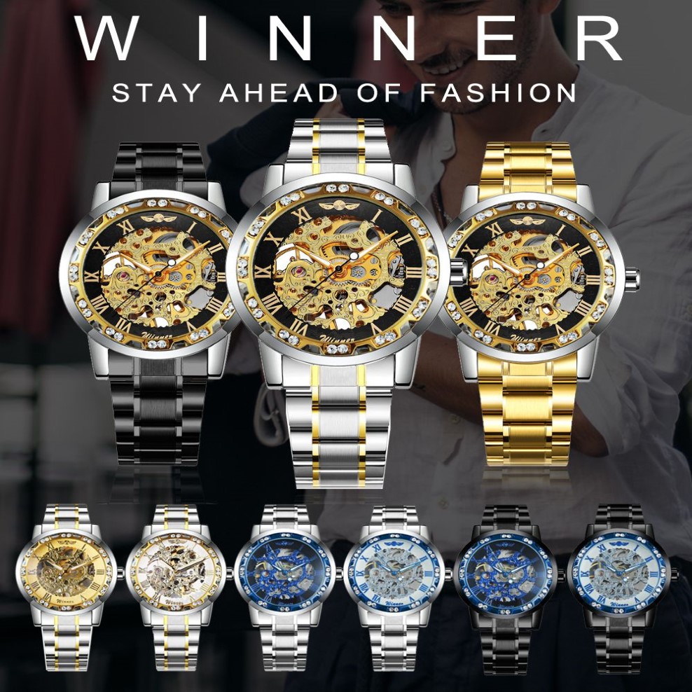 WINNER Hollow Mechanical Mens Watches Top Brand Luxury Iced Out Crystal Fashion Punk Steel Wristwatch for Man Clock 201113278P
