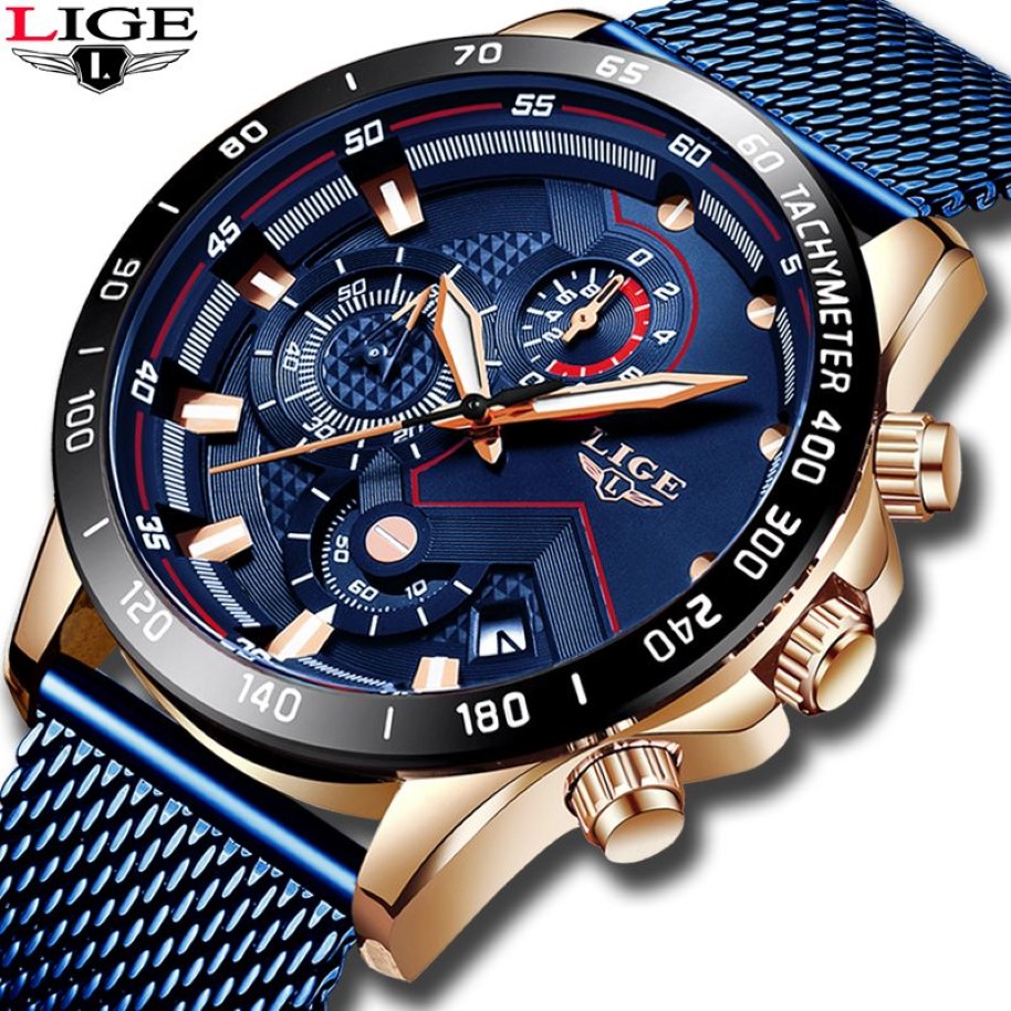 Lige Fashion Mens Watches Top Brand Luxury Wallwatch Quartz Reloj Blue Watch Men impermeable Sport Cronograph Relogio Masculino C2570