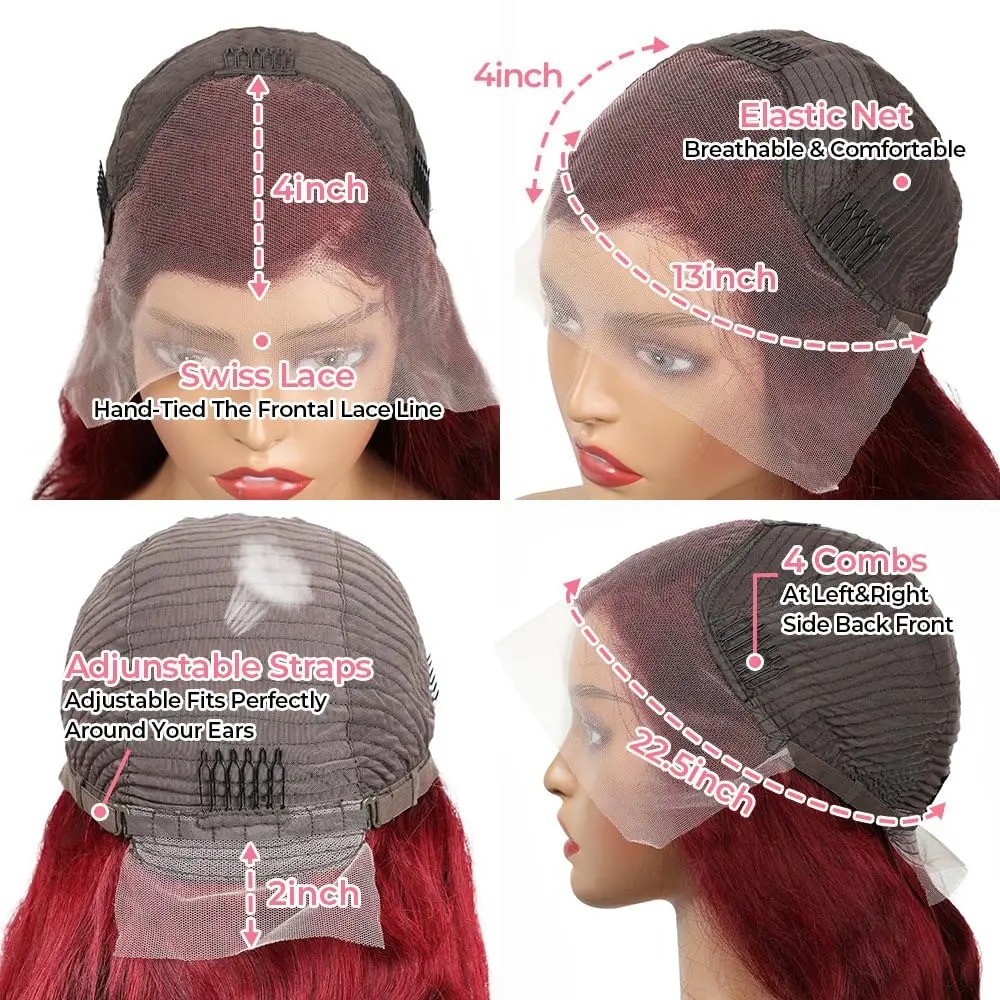 99J Peluces delanteros de encaje Pelio humano Prepilado Borgoña Oda para el cuerpo Peluces Human Human Wigs 180% Densidad 13x4 HD LAZA CABLERA PARA MUJERES