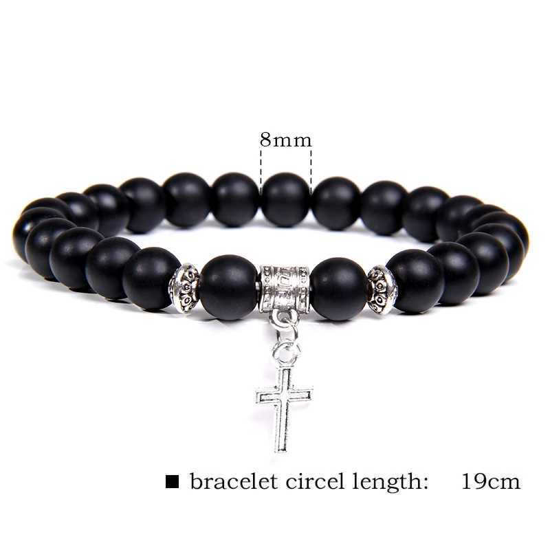 Chain Fashionable Mens Bead Bracelet Silver Cross Pendant Bracelet Natural Stone Bracelet Charming Womens Treatment Prayer Jewelry 240325