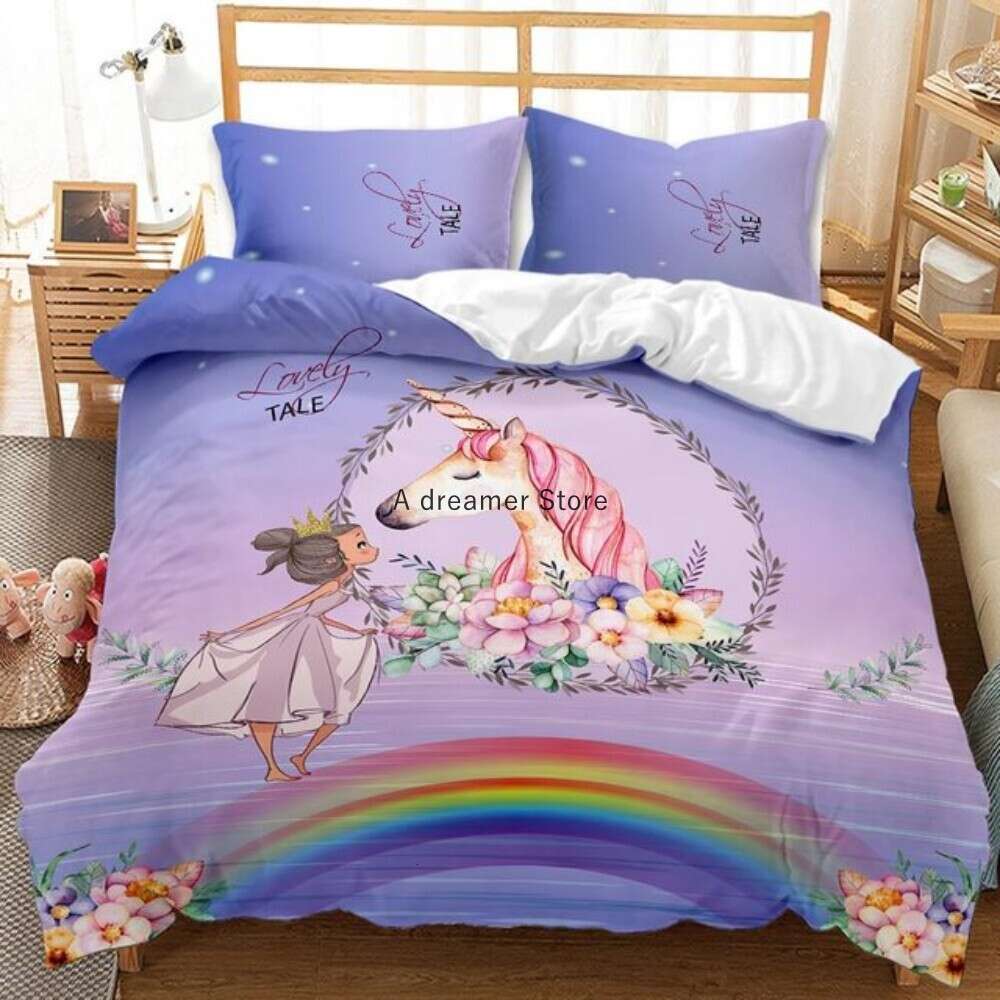 Cartoon Unicorn Pony Bedding Girls Kids Däcke Cover Lovely Comporter Linen Bed Set Sweet Kawaii