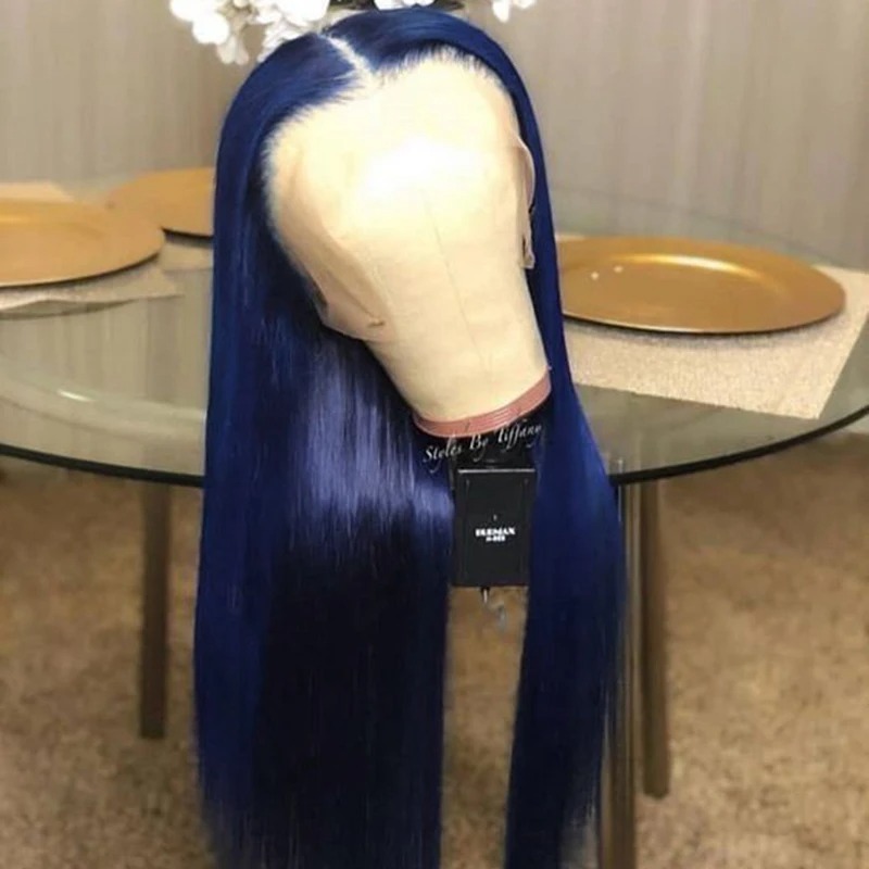 Midnight Blue rak spets frontala mänskliga hår peruker Brasiliansk 13x6 spets front peruk mörkblå 250% densitet full spets peruk för kvinnor