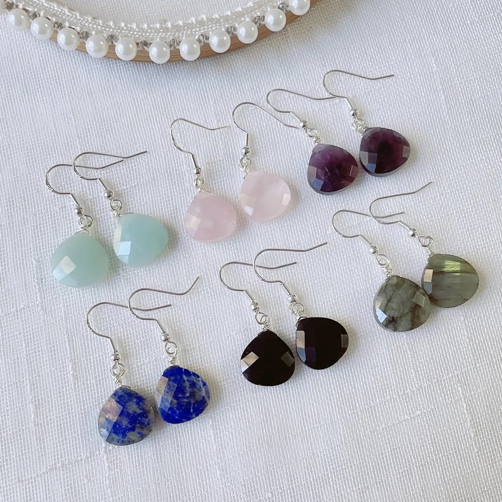 Boucles d'oreilles pendantes en pierre de cristal naturel pour femmes, Lapis rose violet, petite goutte d'eau en forme de cœur, couleur argent, boucles d'oreilles pendantes de guérison, taille 15mm