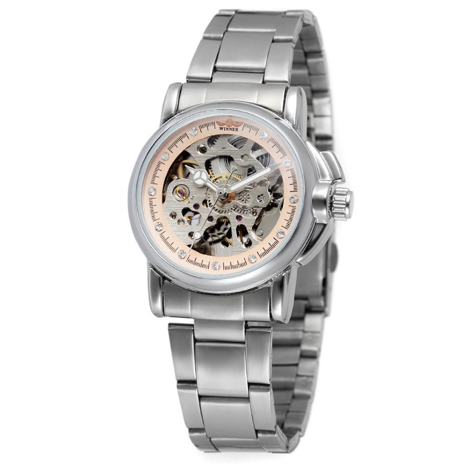 Luksusowe złote kobiety automatyczne zegarki mechaniczne kobiety moda zegar ze stali nierdzewnej Panie Kryształ pusty szkielet zegarek saati 2011260r