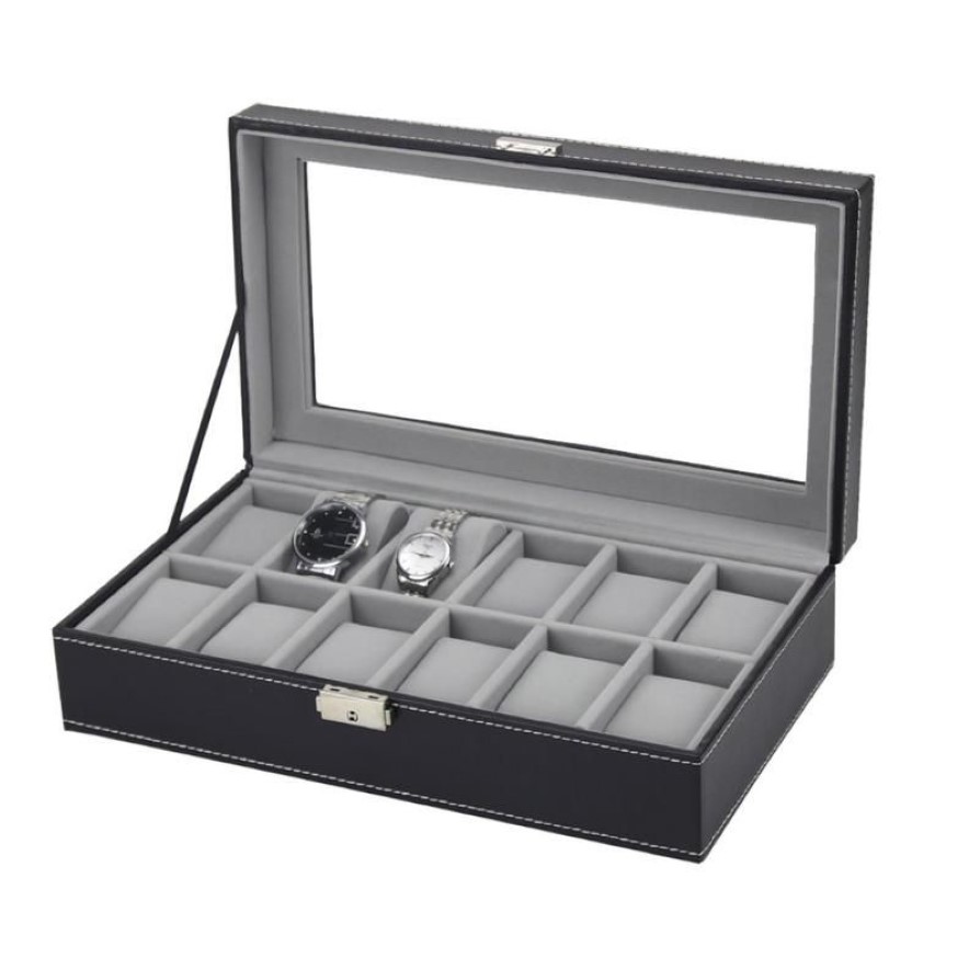 Titta på rutor Fall 6 10 12 Slots Box Case Rings Chain Halsband Holder Lagring Organiser Smycken Display Pu Leather Casket SAAT TR268Q