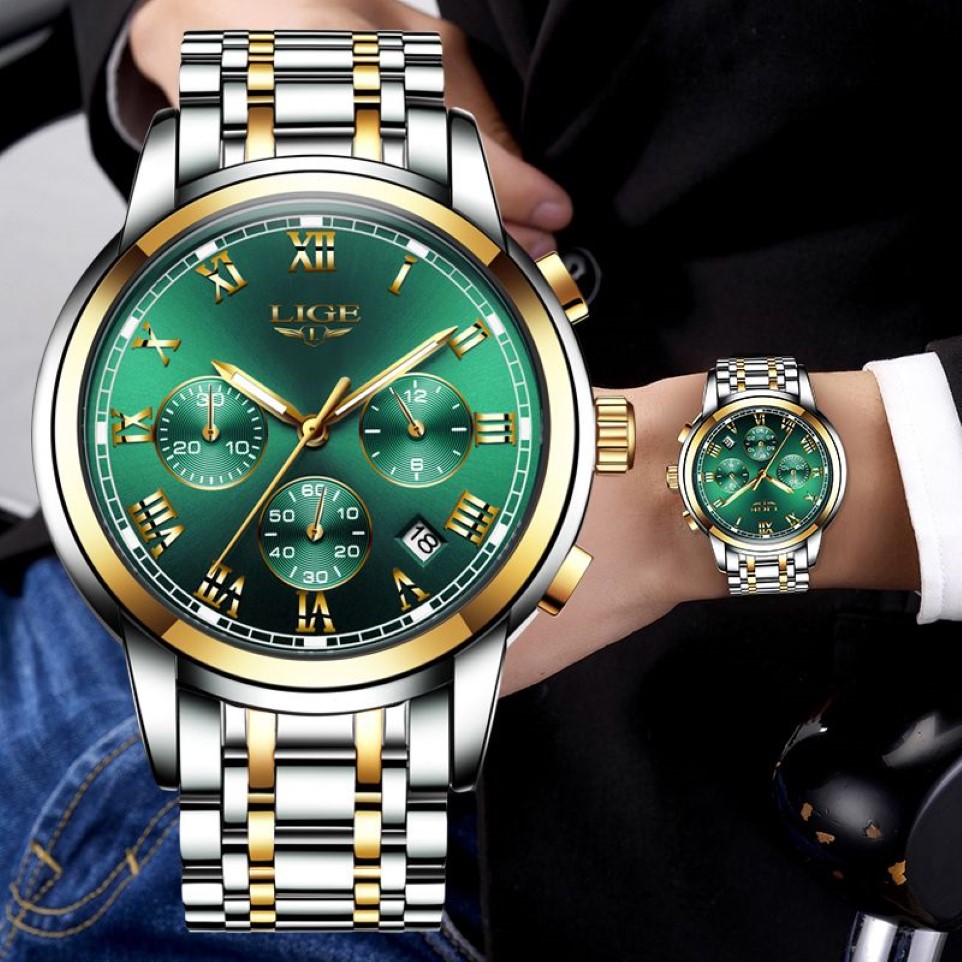 Montres Mens 2019 Lige Top Brand Luxury Green Fashion Chronograph Male Sport étanche All Steel Quartz Relogie Masculino C2989
