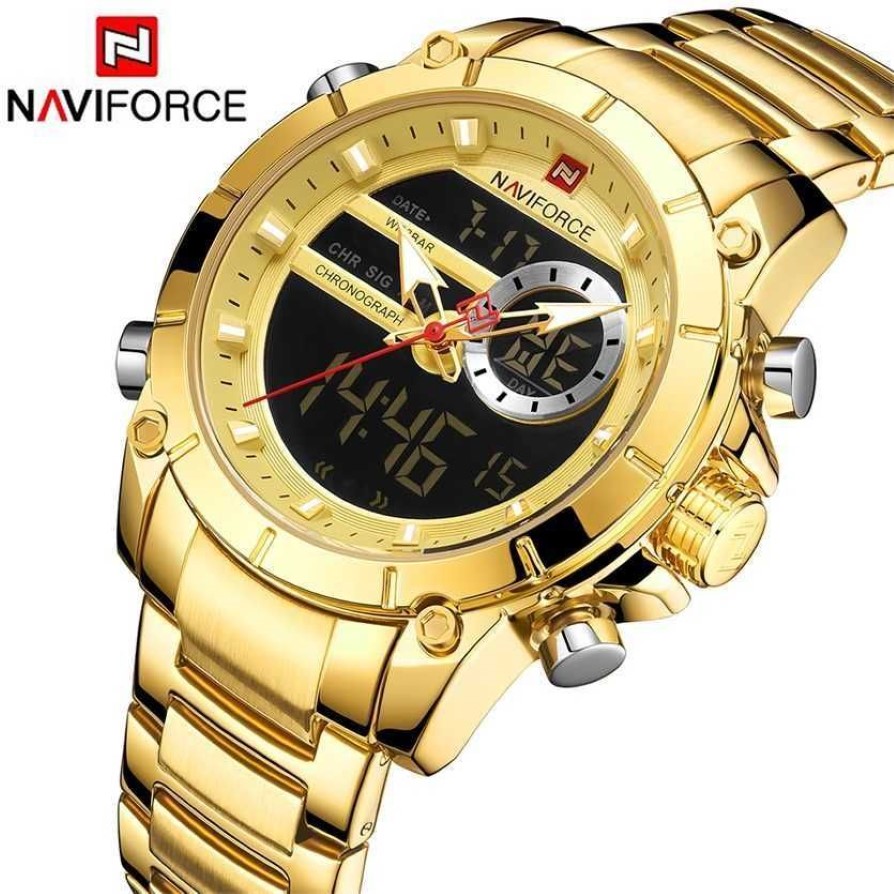 Naviforce Sport Men Watches Fashion素敵なデジタルクォーツリストウォッチスチール製の防水デュアルディスプレイデートクロックRelogio Masculino 220293Z