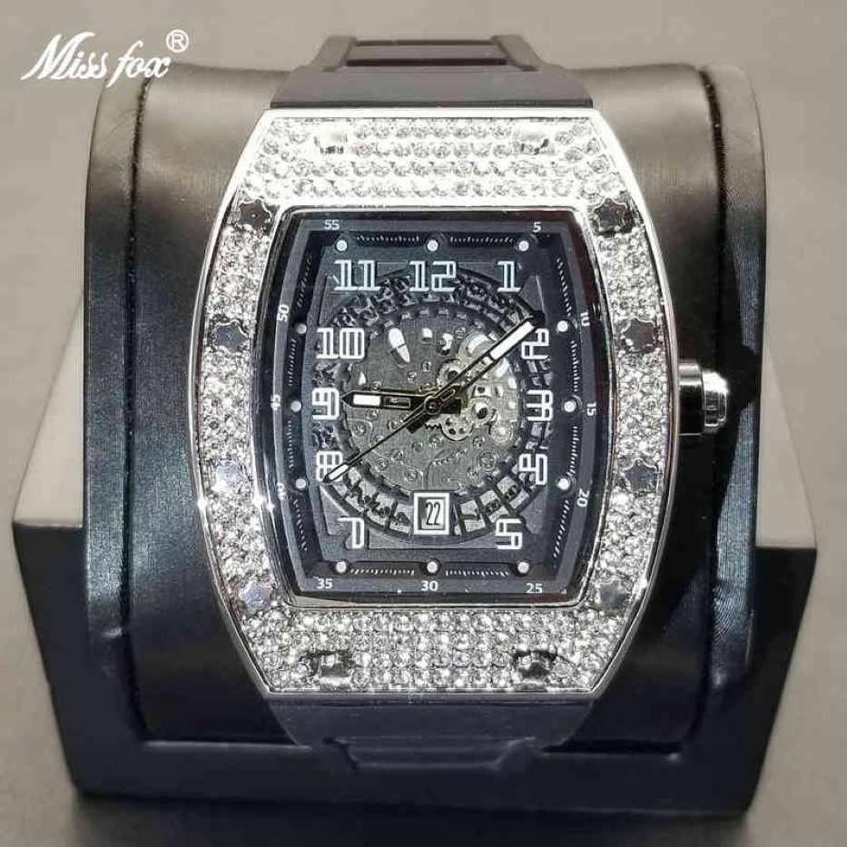 MISSFOX 2021 New Arrival Tonneau Men Watches Iced Out Full Diamond Rubber Strap Watch Hollow Dial Design Luxury Sport Male Clock2442