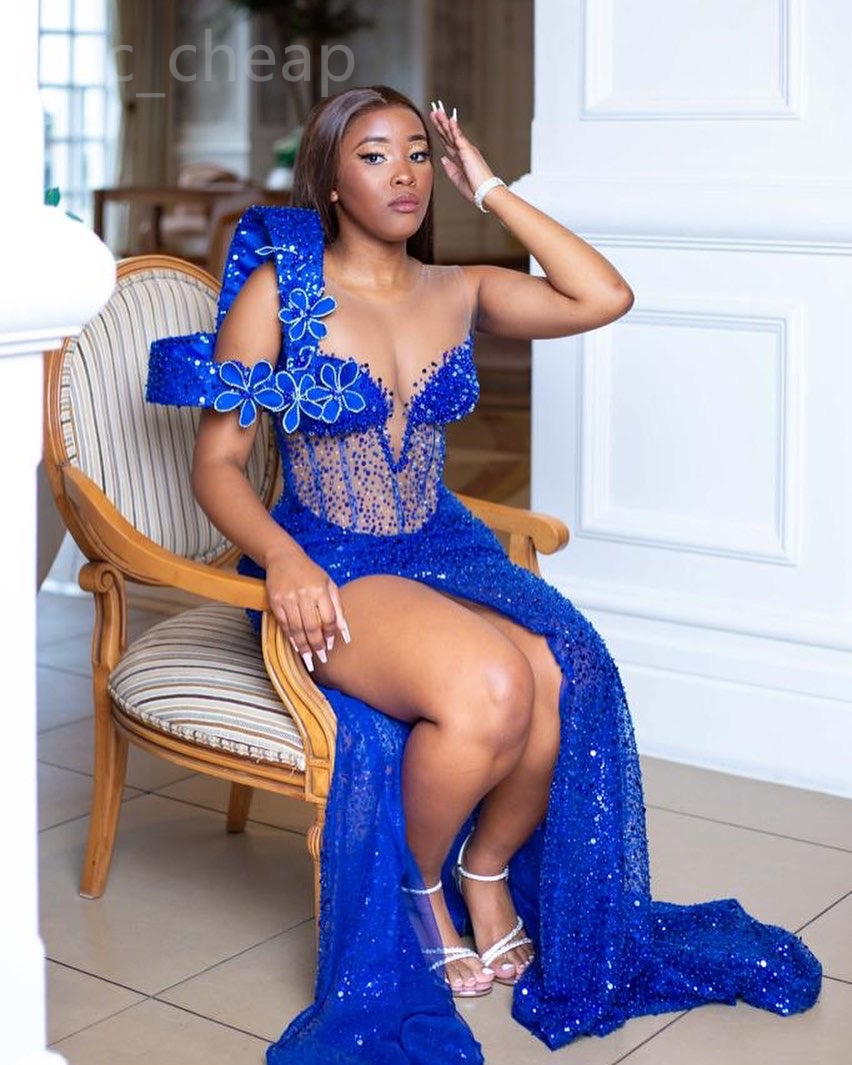 2024 Aso Ebi Royal Blue Florals Mermaid Prom Dress Sequined Lace Evening Formal Party Second Reception 50th Birthday Engagement Gowns Dresses Robe De Soiree ZJ58