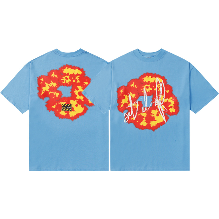 Модная тенденция новая мужская футболка American High Street Graphic Tee Fame Flame Kapok Printing Рубашка круглая шея пара короткие рукава