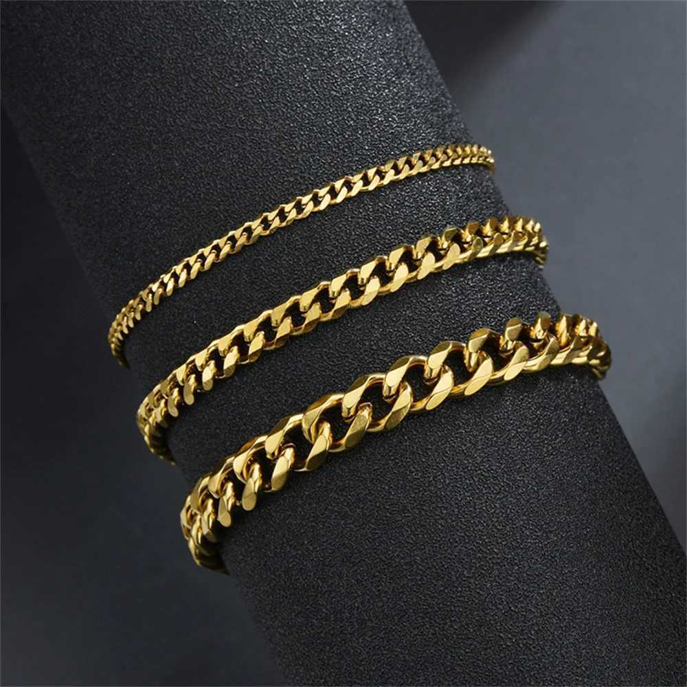 Chain Hip Hop Stainless Steel Cuban Chain Bracelet Womens 3 5 7 mm Simple Stainless Steel Mens Bracelet Gold Jewelry 240325