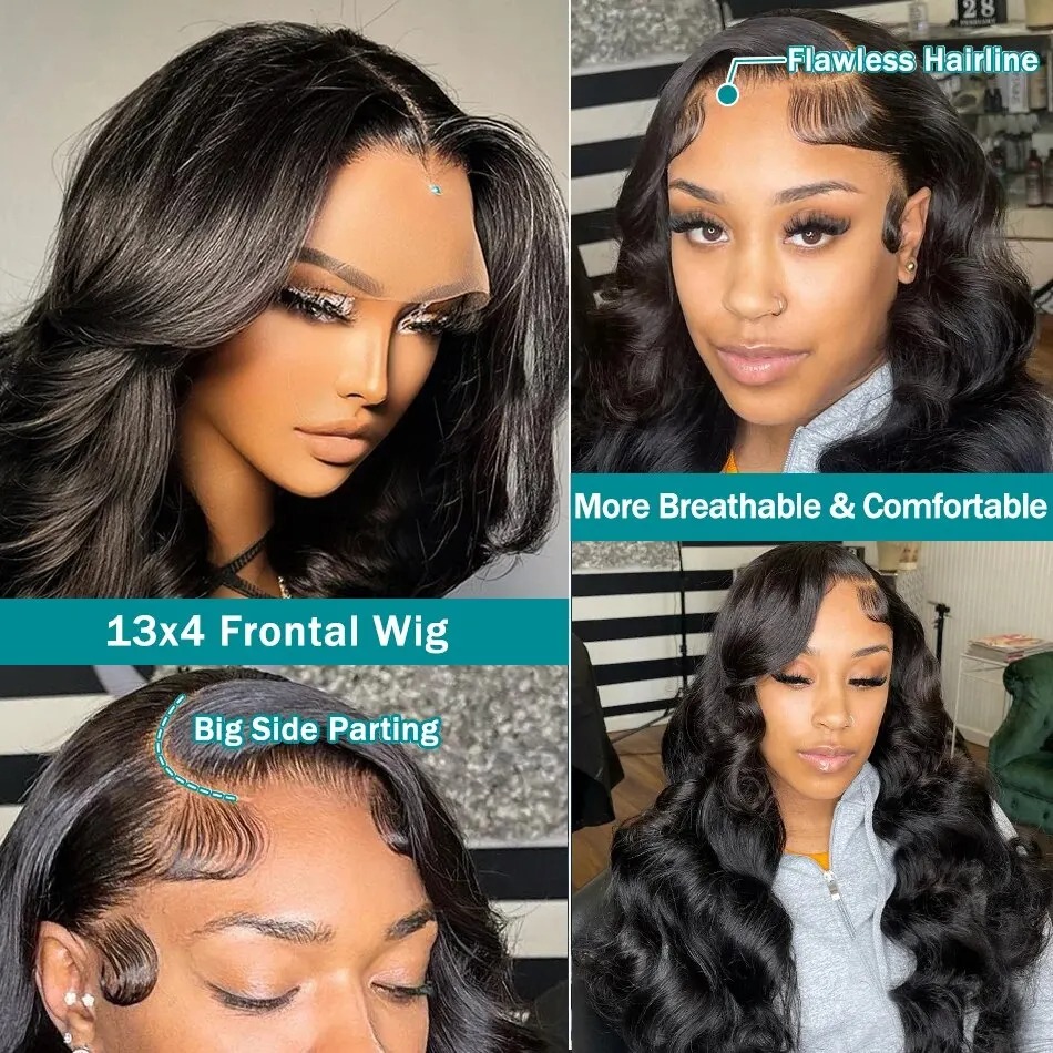 Perruque Lace Frontal Wig naturelle Body Wave 250% HD, 40 pouces, 13x6, 13x4, 5x5, sans colle, prête à l'emploi