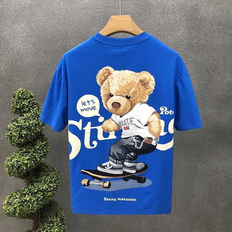 Summer pure cotton short sleeved T-shirt mens trendy brand 2023 new cartoon teddy bear Korean version trendy ruffian handsome slim fit clothes