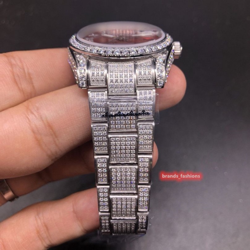 Boutique masculino de alta qualidade diamantes gelados relógio rosto vermelho prata aço inoxidável caso diamante automático mecânico watch2465