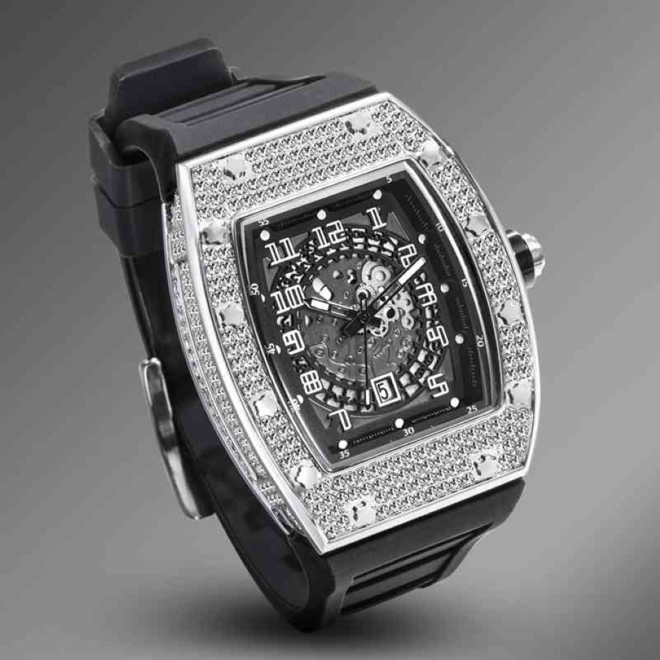 MISSFOX 2021 New Arrival Tonneau Men Watches Iced Out Full Diamond Rubber Strap Watch Hollow Dial Design Luxury Sport Male Clock2442