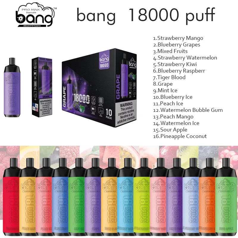 Bang 18000 Puffs Cuir Cuir Disposable Vape Bang 18K Electronic Cigarette Vape Toll Airflow Réglable Device Puff 18K VAPER