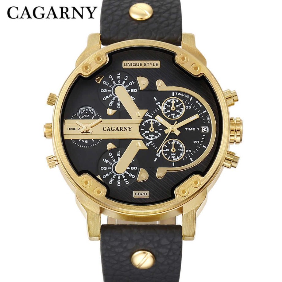 豪華なcagarny Quartz Watch Men Black Leather Strap Golden Case Dual Times Military DZ Relogio Masculino Casual Mens Watches Man X306s