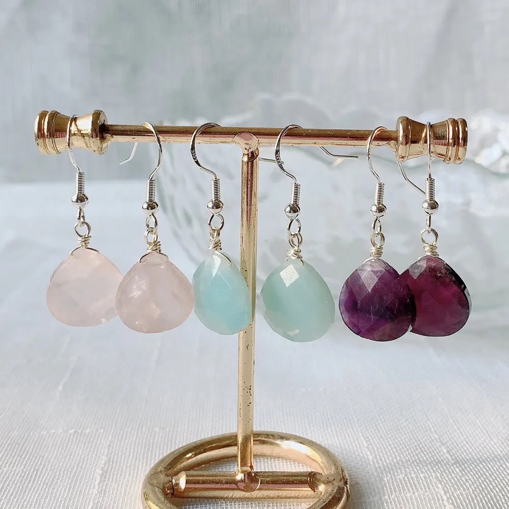 Natural Crystal Stone Drop Earrings for Women Lapis Pink Purple Crystal Small Water drop heart Silver Color Dangles Earrings Healing size 15mm