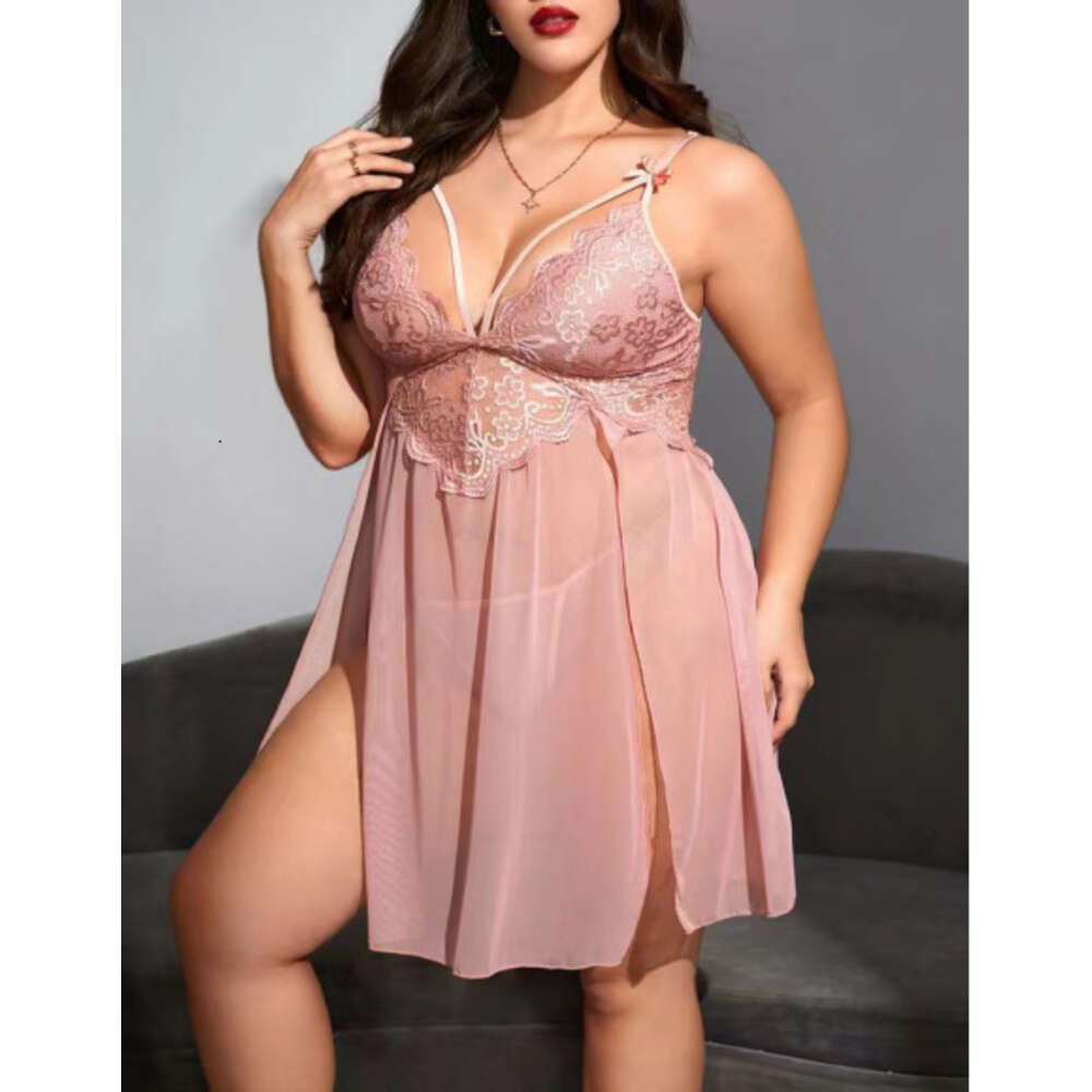 Fat MM grande taille sous-vêtements amusants brodé Perspective dos ouvert pyjama ensemble Sexy dentelle transparente chemise de nuit 7656 913164