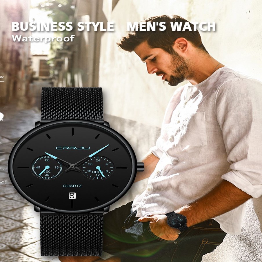 Mens Watches Crrju Full Steel Casual Waterproof Watch for Man Sport Quartz Watch Men's Dress Calendar Watch Relogio Masculino298j