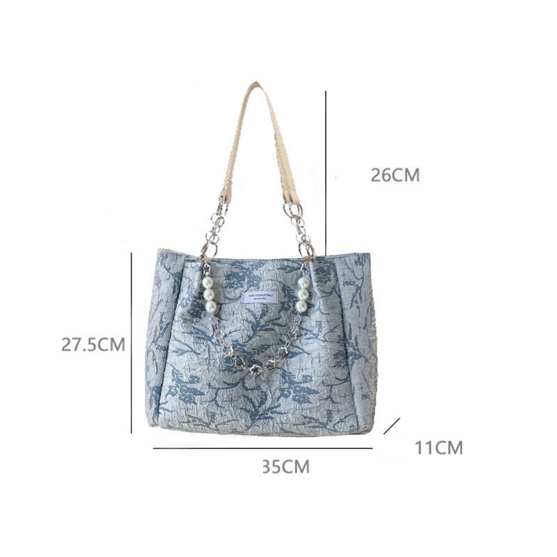 Women`s Tote Bag Large Capacity Jacquard Canvas Bag College Student Portable Shoulder Bag Commuter Handbags With Pearl Chain YFA2111