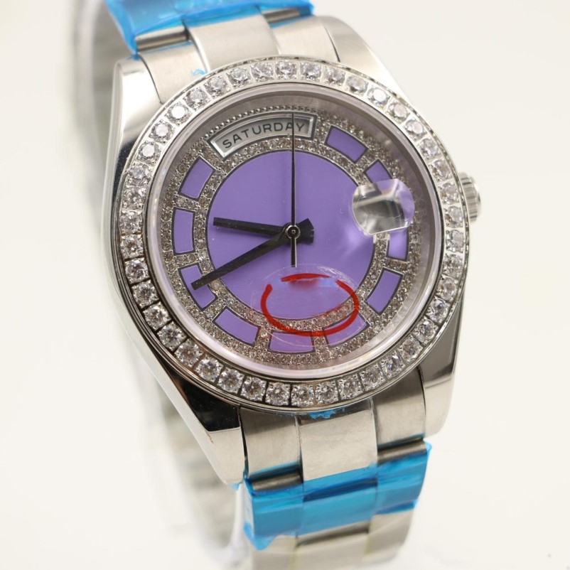 Les montres automatiques pour hommes de 40mm affichent un cadran violet rond avec un boîtier de montre en acier inoxydable diamant 259g