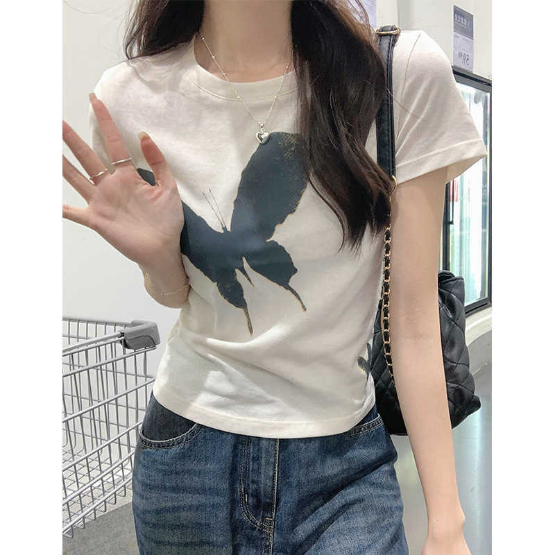 Snow Cotton Thin Short Sleeved T-shirt for Womens Versatile Summer Butterfly Print Front Shoulder Slimming 2024