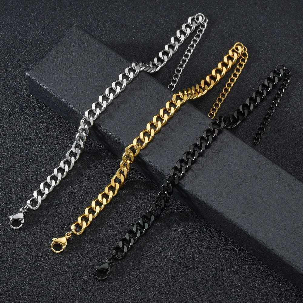 Chain Hip Hop Stainless Steel Cuban Chain Bracelet Womens 3 5 7 mm Simple Stainless Steel Mens Bracelet Gold Jewelry 240325