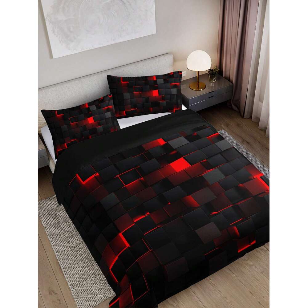 Ensemble de grille rouge de style technologique comprenant 1 housse de couette et 2 taies d'oreiller, adapté à une utilisation à la maison et en dortoir